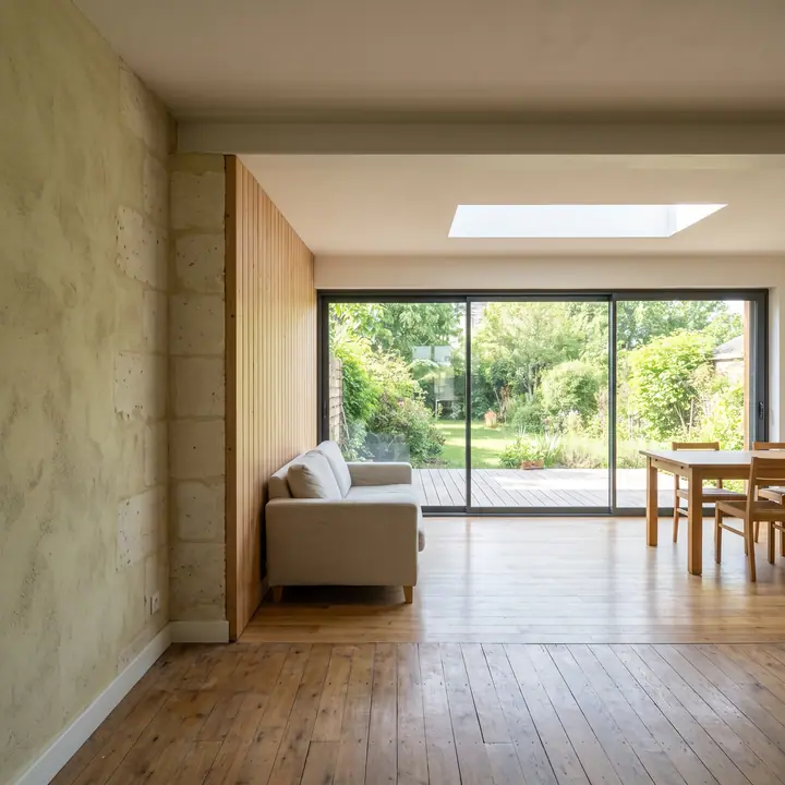 Illustration : pièce de vie agrandie par une extension, avec une grande baie vitrée donnant sur la terrasse et le jardin