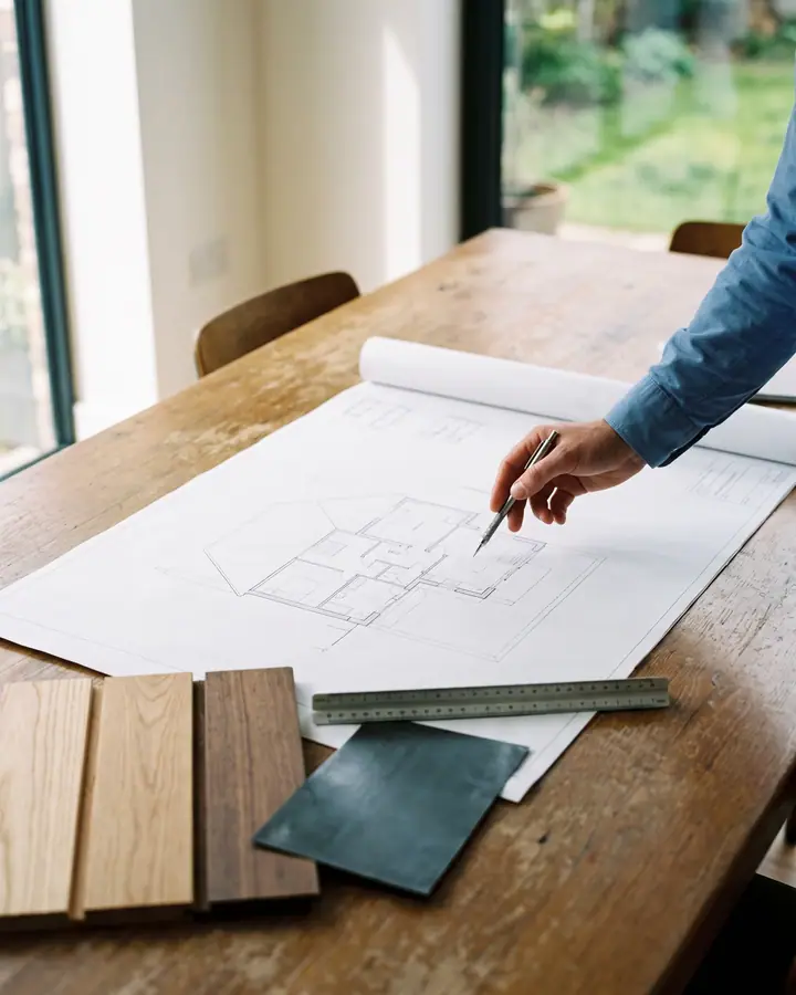 Illustration : plans d'une extension de maison étudiés sur une table, avec des échantillons de bardage bois