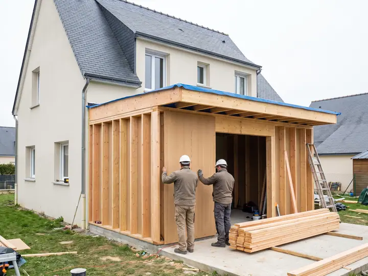 Illustration : ossature bois d'une extension de maison en cours de montage