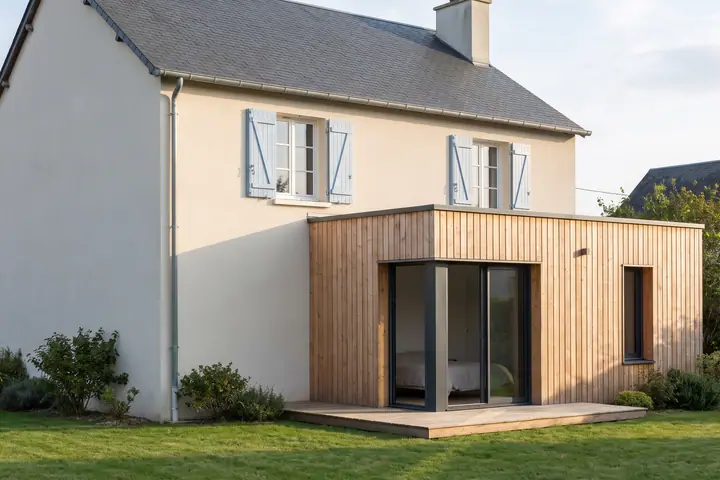 Illustration : extension de plain-pied à bardage bois abritant une suite parentale, ouverte sur le jardin par une baie vitrée