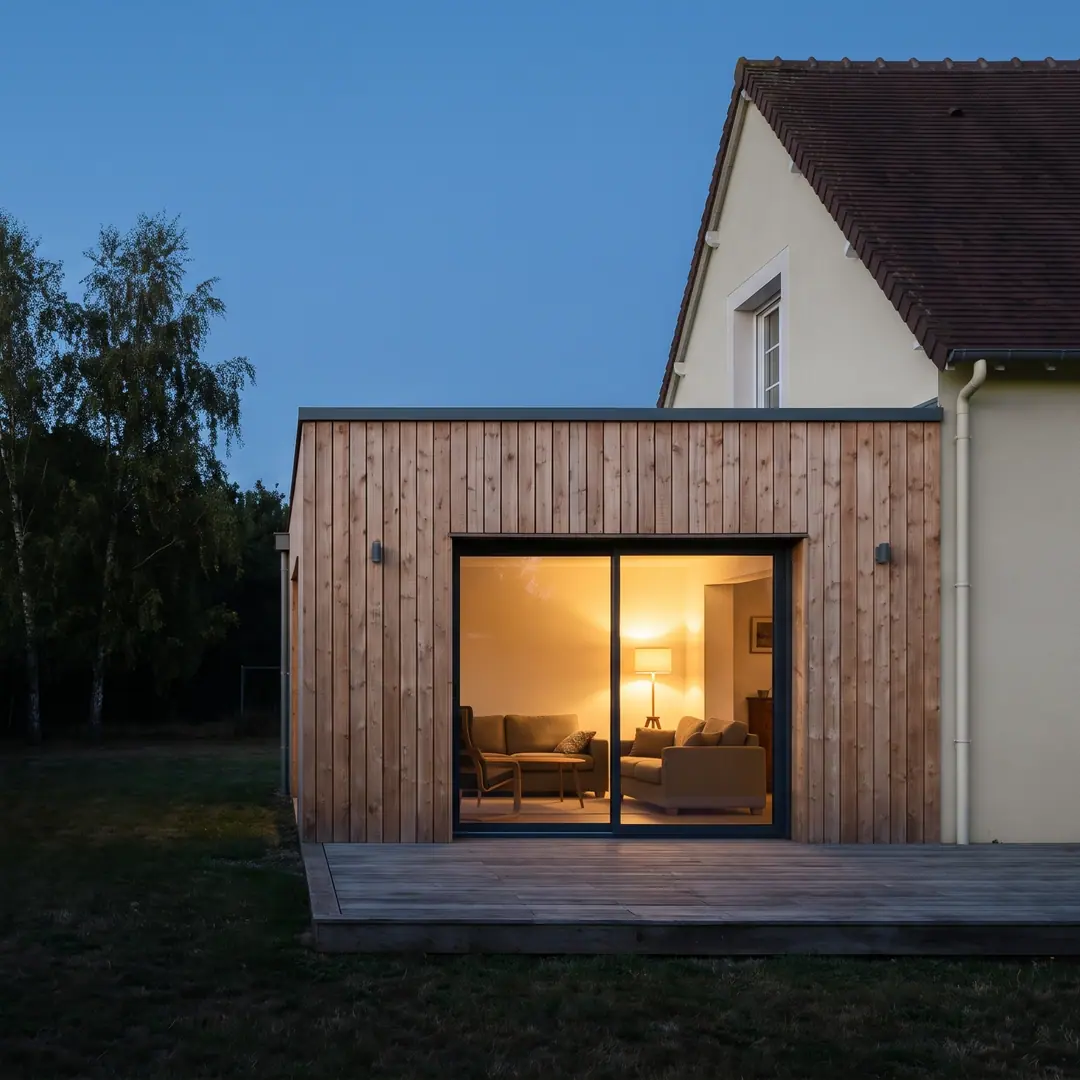 Illustration : extension de maison de plain-pied à bardage bois, baie vitrée éclairée à la tombée du jour