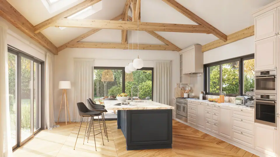 Image de synthèse : intérieur de l'extension, cuisine avec îlot central et charpente apparente