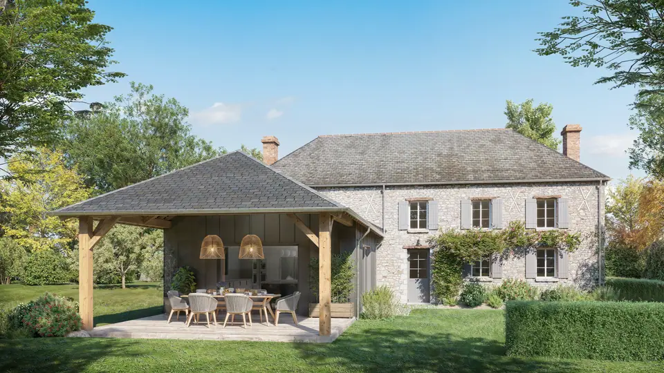 Image de synthèse : terrasse couverte de l'extension cuisine, vue depuis le jardin