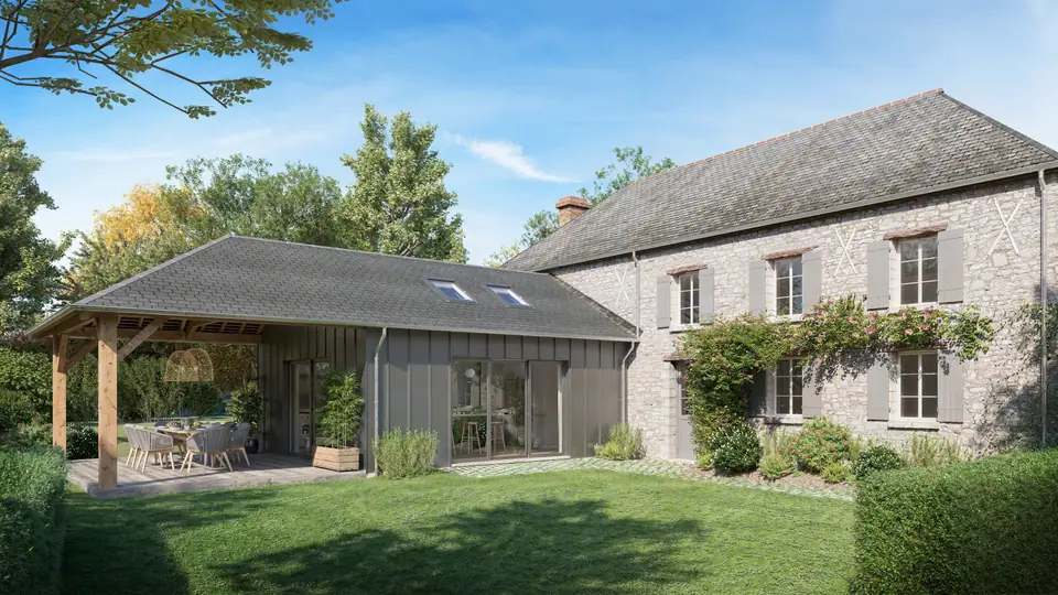 Image de synthèse : extension de plain-pied accueillant la cuisine, avec sa terrasse couverte, accolée à une maison en pierre