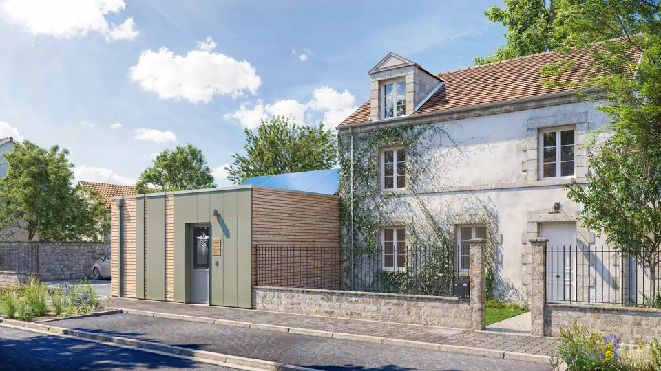 Image de synthèse : local professionnel en extension, à l'entrée d'une maison en pierre, vu depuis la rue