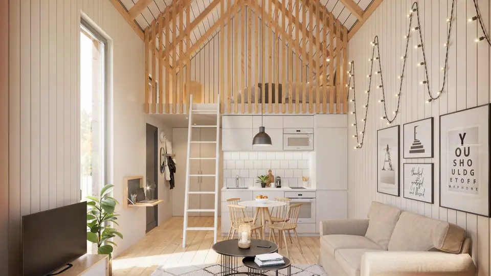 Image de synthèse : intérieur du studio de jardin, séjour avec cuisine et mezzanine