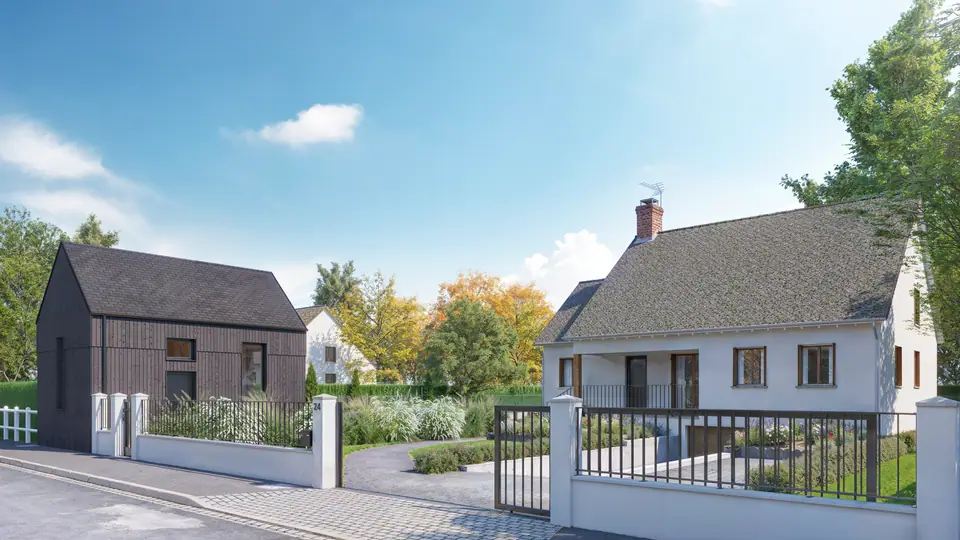 Image de synthèse : le studio de jardin et la maison principale, vus depuis la rue