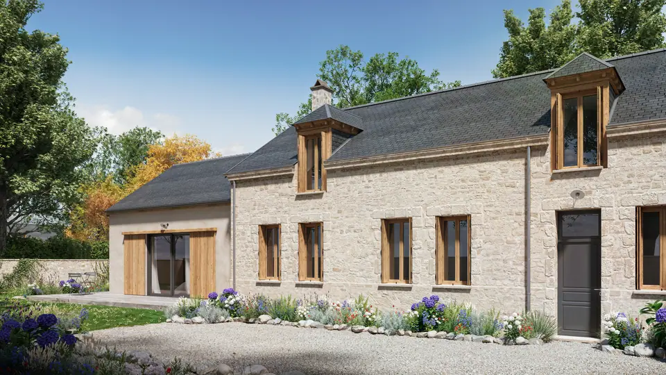 Image de synthèse : la maison et son extension suite parentale, vues depuis l'allée