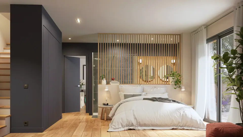 Image de synthèse : intérieur de la suite parentale, chambre ouverte sur le jardin par une baie vitrée