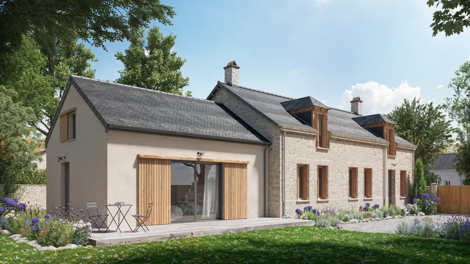 Image de synthèse : extension de plain-pied abritant une suite parentale, dans le prolongement d'une maison en pierre