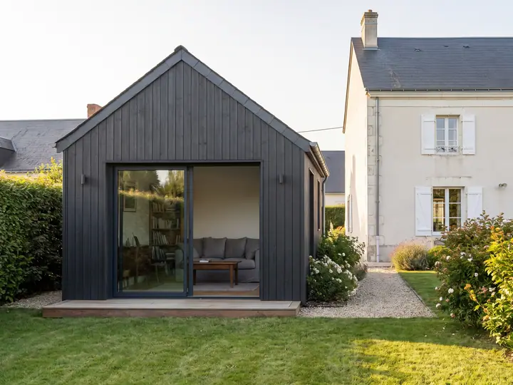 Illustration : studio de jardin indépendant à bardage bois foncé, construit à côté de la maison